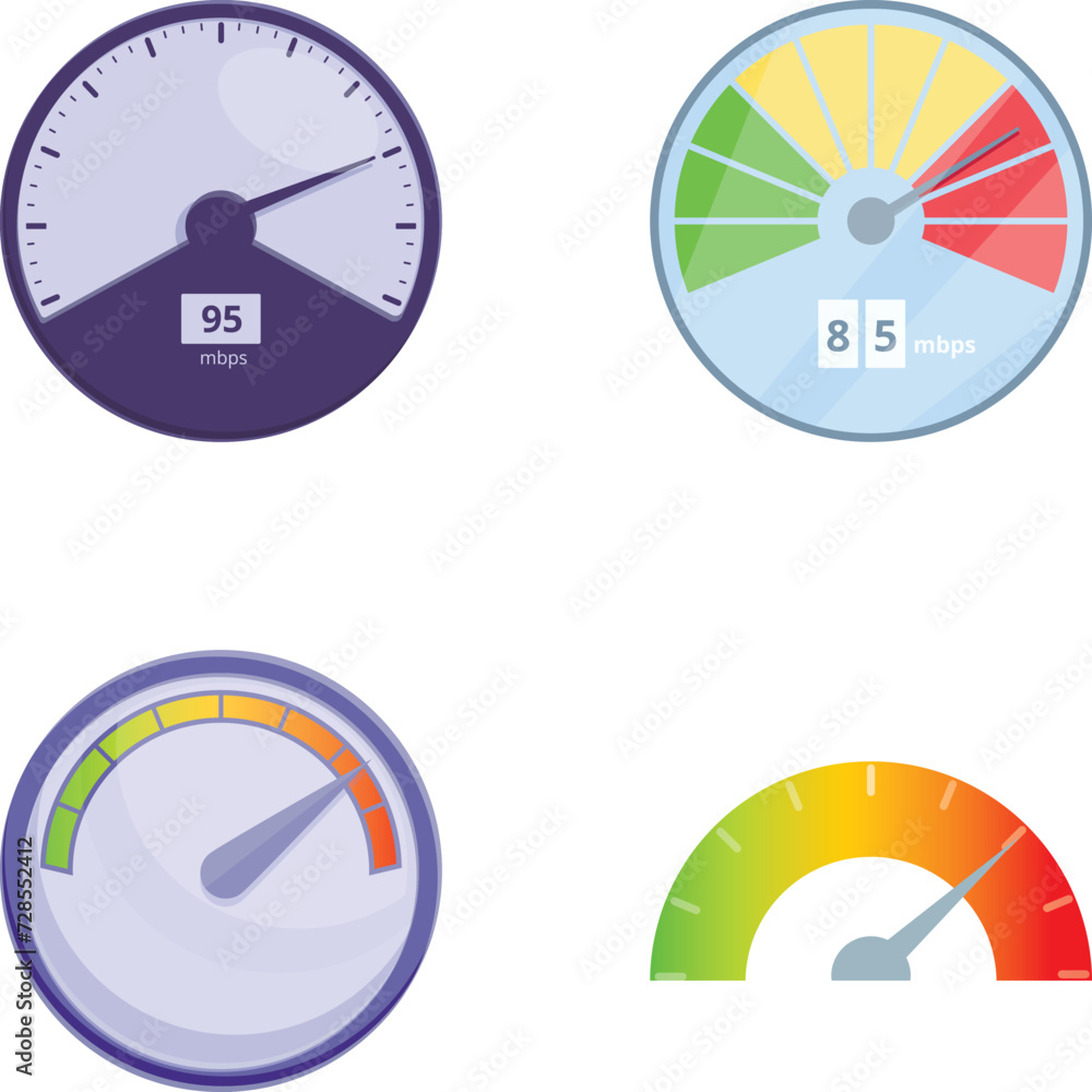 Poster speedometer icons set cartoon vector. different type of speedometer. speed dial indicator