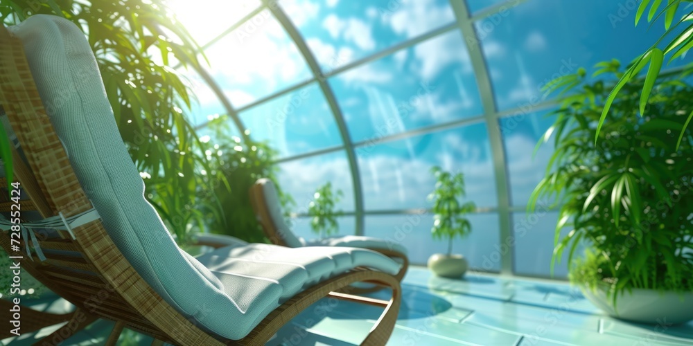 Poster A comfortable lounge chair placed in front of a spacious window. Ideal for creating a cozy reading nook or enjoying the view.