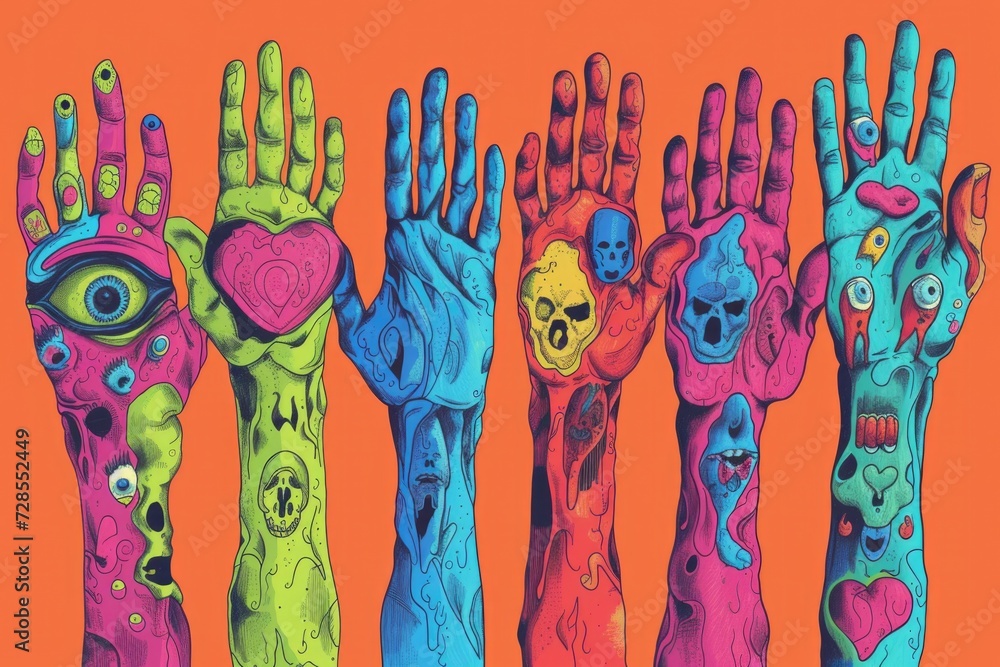 Poster a picture of a diverse group of hands with fingers of various colors. this image can be used to repr