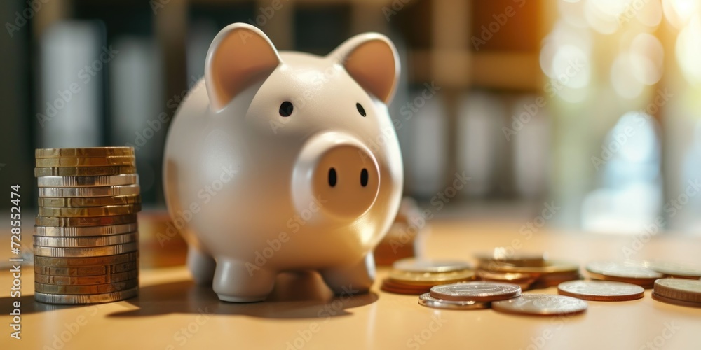Poster a piggy bank sitting next to a pile of coins. perfect for financial planning and saving concepts