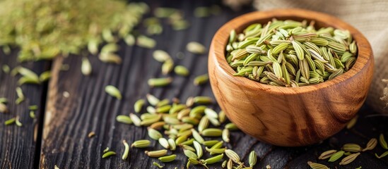 Fennel seeds placed on a wooden table