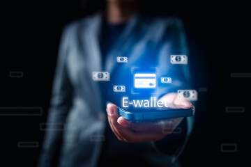 Digital Financial Mastery Businessman's Hands on Smartphone Virtual Screen Explores Digital Wallet, Investment, and Savings Convenience