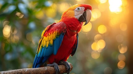 Parrot sitting on branch in the woods 