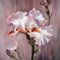 Naklejka na ściany i meble beautiful art with white peach fuzz-pink iris flower against pink abstract background. close up. paint watercolor style. Ai genarated