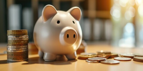 A piggy bank sitting next to a pile of coins. Perfect for financial planning and saving concepts - obrazy, fototapety, plakaty