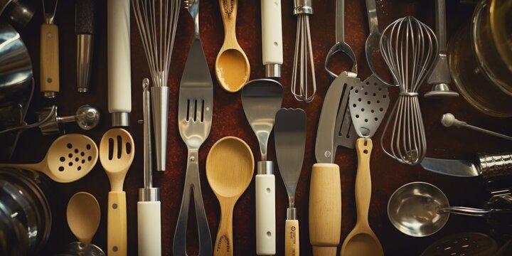 Various kitchen utensils hanging neatly on a wall. Perfect for adding a touch of organization and functionality to any kitchen space