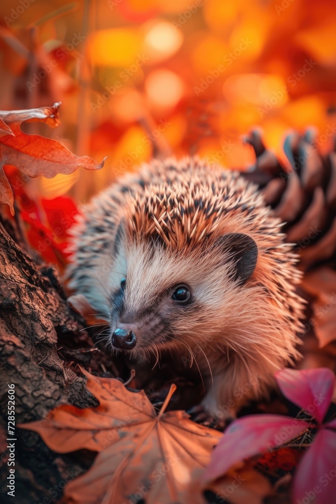 Poster a hedge sitting on top of a pile of leaves. suitable for nature-themed projects and autumn-related c