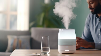 A man sitting at a table with a humidifier. This image can be used to depict a person taking care of their health and creating a comfortable environment - obrazy, fototapety, plakaty