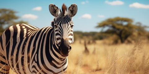 A zebra standing in the middle of a dry grass field. Suitable for nature and wildlife themes