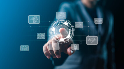 Navigating Technology Businessman's Hands on Virtual Screen Accessing AI Systems, Data Storage, and System Security