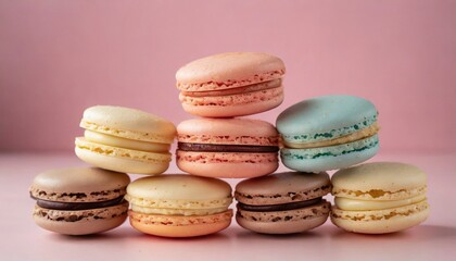 Fototapeta na wymiar Colorful french macarons on pink background. Sweet and tasty dessert.