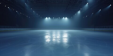 An empty ice rink with spotlights illuminating the ice. Perfect for sports events, ice skating competitions, or winter-themed designs - obrazy, fototapety, plakaty