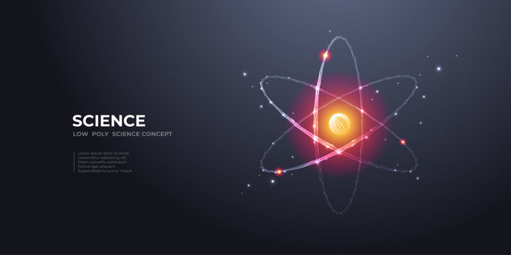 Nuclear energy science concept. Abstract low poly atom circle model with vivid glowing yellow-red-pink light color in the center. Atom icon as energy orbit. Molecule symbol on dark background. Vector.