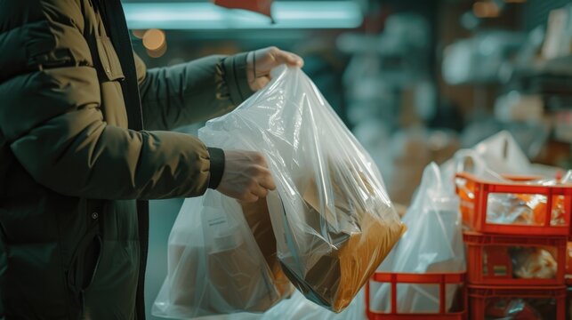 A person holding a bag of food in a store. This image can be used to showcase shopping for groceries or food items