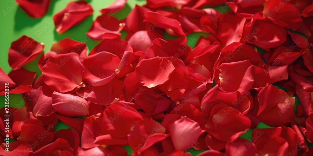 Poster A pile of red petals on a green surface. Perfect for adding a pop of color to any design