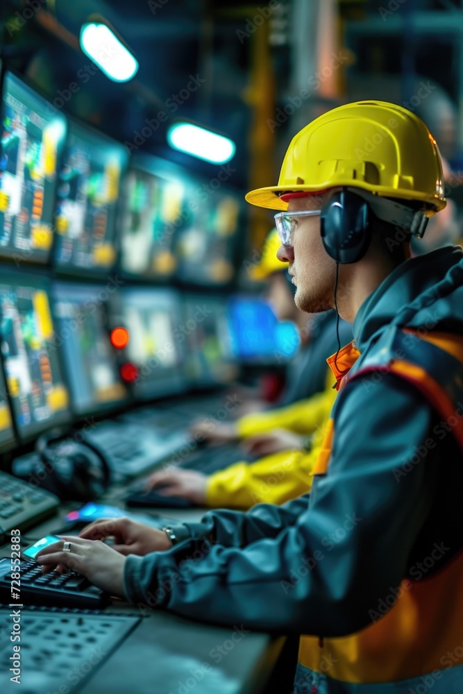 Poster a man wearing a hard hat and safety glasses is focused on working on a computer. this image can be u