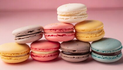 Fototapeta na wymiar Colorful french macarons on pink background. Sweet and tasty dessert.
