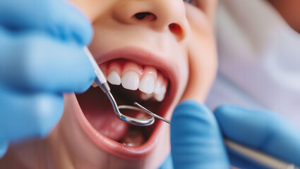 Close-up of a child's mouth at the dentist, as the dentist begins the examination with their instruments