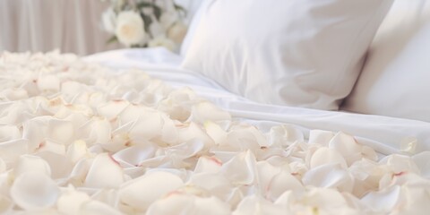 Fototapeta na wymiar A bed adorned with white petals and pillows, creating a romantic and luxurious atmosphere. Perfect for wedding and honeymoon themes or as a background for beauty and relaxation concepts