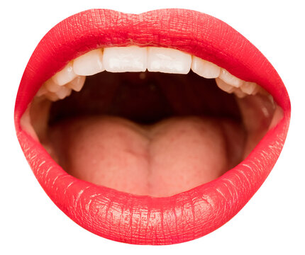 Open female mouth with white teeth, red lipstick isolated over transparent background. Speech. Concept of human emotions, face part, makeup, dental care