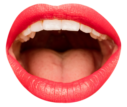 Open female mouth with white teeth, red lipstick isolated over transparent background. Speech. Concept of human emotions, face part, makeup, dental care