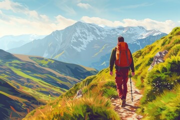 A painting of a man hiking up a mountain. Suitable for adventure or nature-themed projects