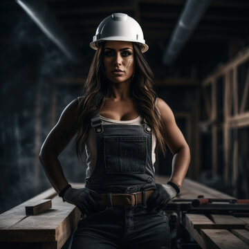 A confident woman in a hard hat and work overalls stands in a woodshop with hands on hips and tools in the background