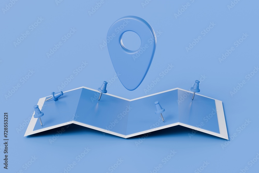 Fototapete 3d blue location folded paper map and locator mark map pin icon. blue gps pointer marker icon. gps a