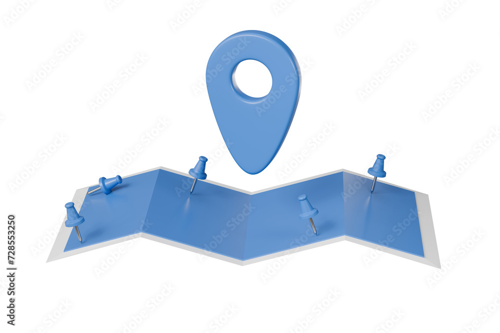 Fototapete 3d blue location folded paper map and locator mark map pin icon. blue gps pointer marker icon. gps a