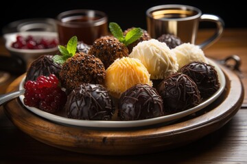Brigadeiros typical of Brazil, several wooden table flavors, little depth of field, generative IA