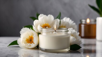 A beautiful candle. White peonies. Grey delicate background. The concept of cosmetics, spa, self-care, skincare, natural beauty.