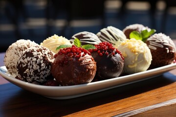 Brigadeiros typical of Brazil, several wooden table flavors, little depth of field, generative IA