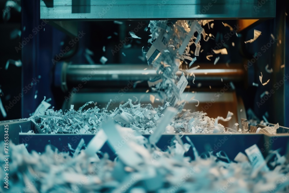 Poster a machine with shredded paper inside. can be used for concepts related to recycling, waste managemen