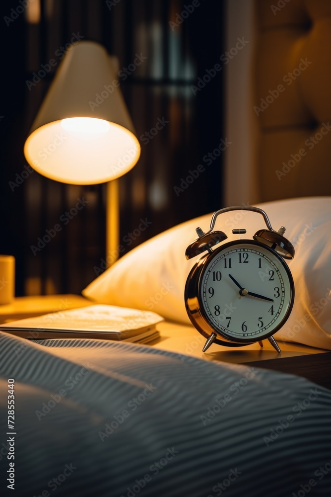 Poster an alarm clock sitting on top of a bed. perfect for illustrating time management, waking up early, o