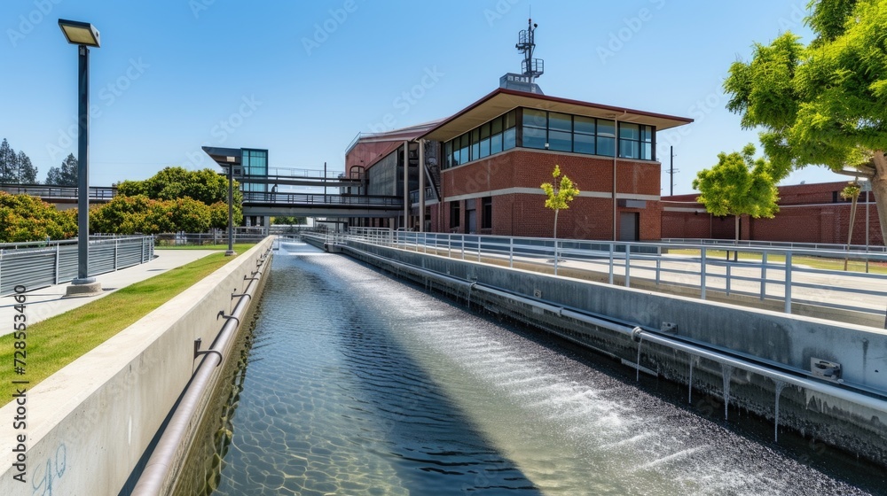 Poster A picture of a waterway with a building in the background. Suitable for various uses