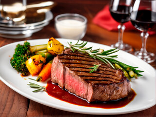 Juicy delicious grilled beef steak with steamed vegetables and rosemary