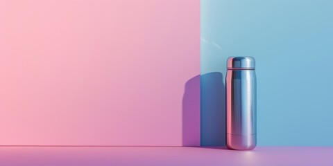 A blue and pink water bottle is placed next to a pink and blue wall. This image can be used to showcase hydration, color coordination, or interior design concepts