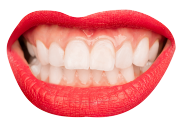 Female mouth with red lipstick showing white perfect teeth isolated over transparent background. Whitening. Concept of human emotions, face part, makeup, dental care