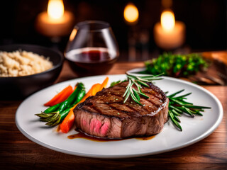 Juicy delicious grilled beef steak with steamed vegetables and rosemary