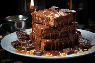 Chocolate syrup spilled over the tower of chocolate brownies in the tray, generative IA