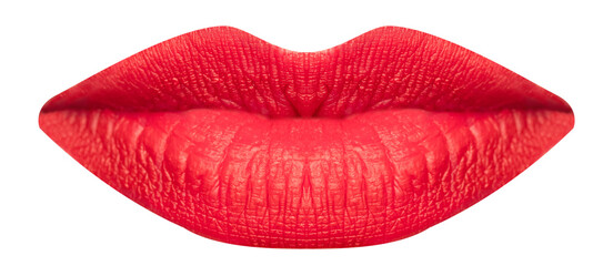 Closed female mouth with red lipstick isolated over transparent background. Calm face. Concept of human emotions, face part, makeup, dental care