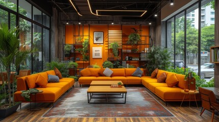 "Espace de vie intérieur moderne et chaleureux : Canapé et fauteuils orange vif"