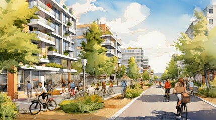 Drawing of street with sustainable urban design featuring eco-friendly elements, people on bicycle and modern buildings with green plants and trees