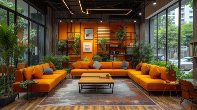 "Espace de vie int&eacute;rieur moderne et chaleureux : Canap&eacute; et fauteuils orange vif"