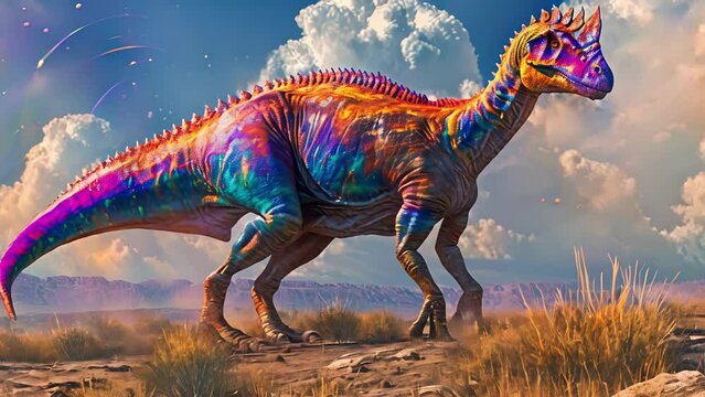 The vibrant colors of a Parasaurolophus stand out against the tall gres of the savannah its distinctive crest used for communication with its herd.