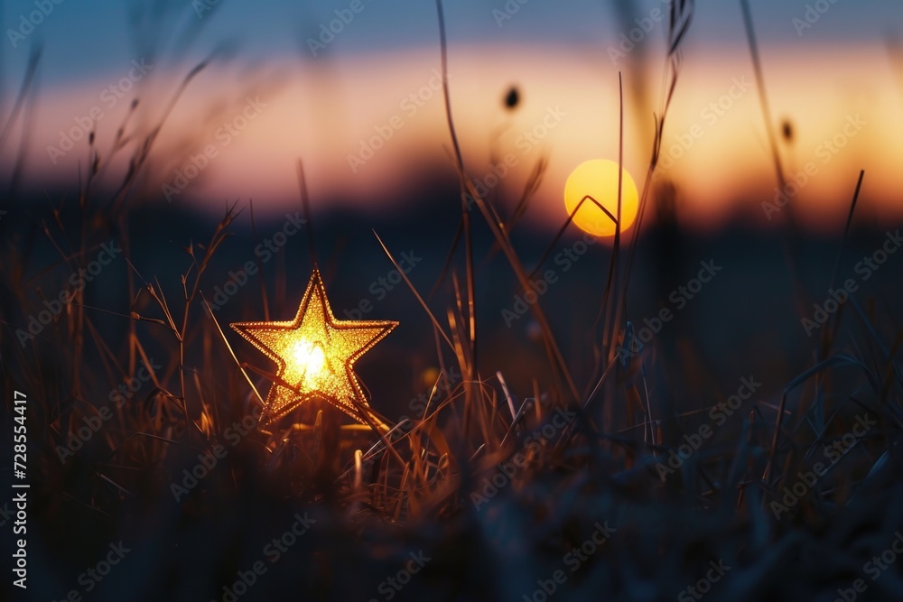 Aufkleber A lighted star sits in the middle of a field. Perfect for festive decorations or adding a touch of magic to your designs