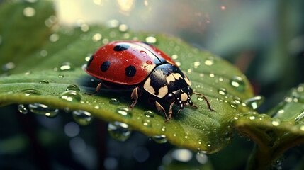 a lady bug sitting on top of a green leaf covered in water droplets on a sunny day in the rain, generative ai
