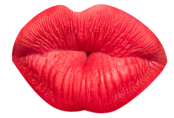 Closed female mouth with pink lipstick showing kissing lips isolated over transparent background. Love. Concept of human emotions, face part, makeup, dental care