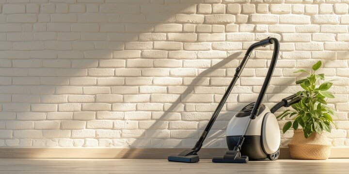 A black and white vacuum cleaner next to a potted plant. This image can be used to depict cleanliness and household chores
