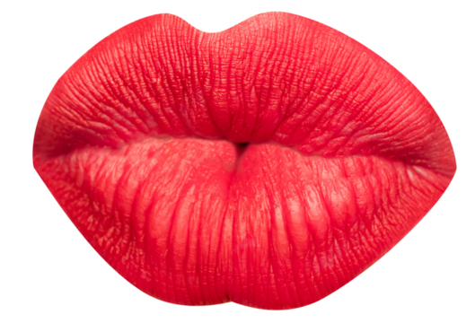 Closed female mouth with pink lipstick showing kissing lips isolated over transparent background. Love. Concept of human emotions, face part, makeup, dental care